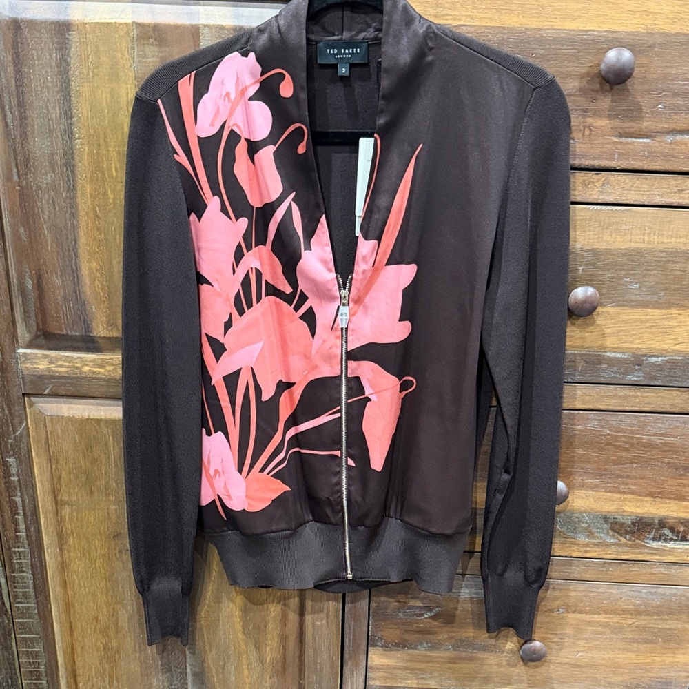 Ted Baker London Matiina Printed Woven Front Zipped Cardigan